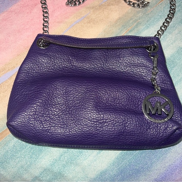 Michael Kors Tote Shoulder Bag Purple Leather Silver Tone Chain Logo MK Small - Picture 2 of 9